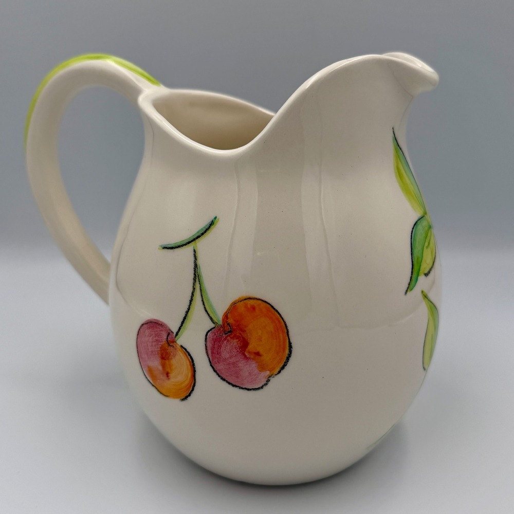 Pereiras Portugal Hand Painted Ceramic Cherry Pitcher Cream Green 6 inch